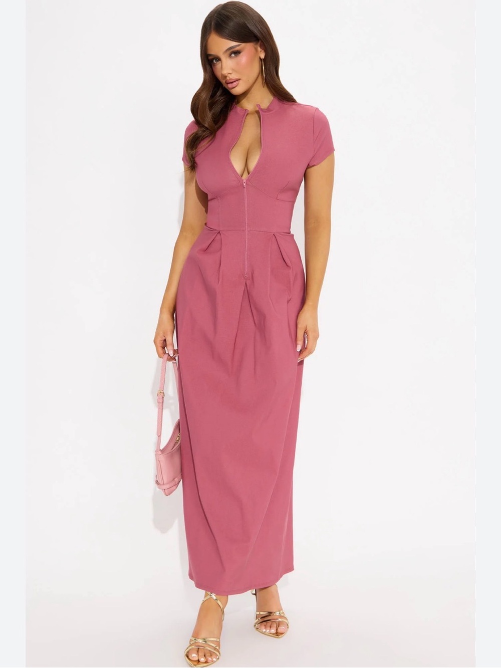 Fashion Nova Dusty Rose Maxi Dress with Front Zip